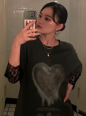 ODD/磨砂心球烟灰色夏季显白韩系潮流情侣T恤上衣女夏加厚chic韩