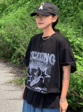 ODD/夏季运动女孩黑色显瘦数码印花纯棉圆领宽松上衣百搭oversize