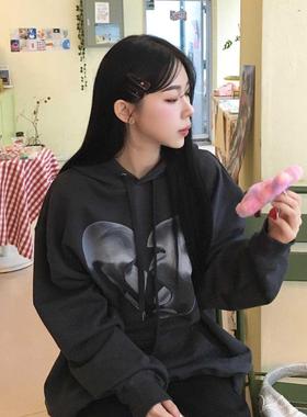 ODD/街头复古经典卡通印花宽松慵懒风重磅深灰色套头连帽卫衣上衣