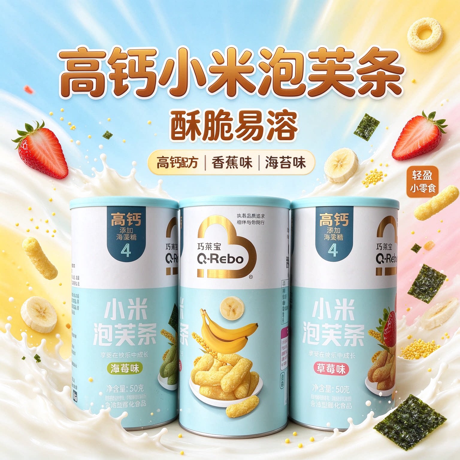 巧莱宝高钙小米泡芙条草莓香蕉入口即化宝宝零食海苔味手指泡芙