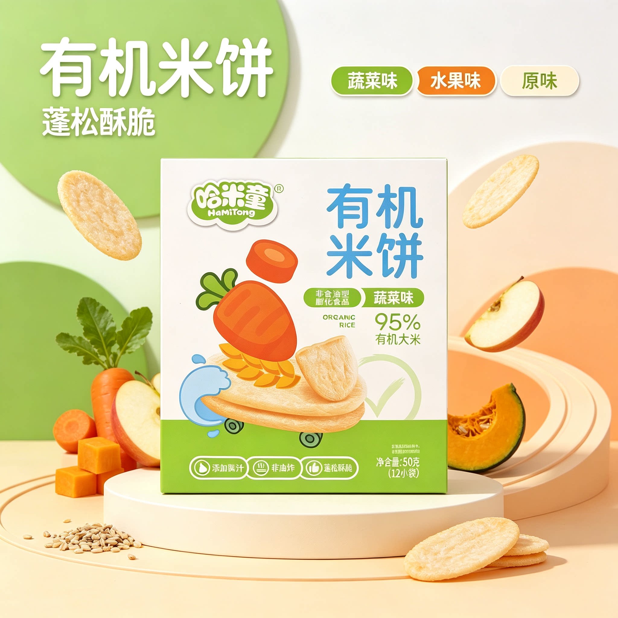 哈米童有机米饼原味水果蔬菜味磨牙米饼干添加梨汁入口即化小零食