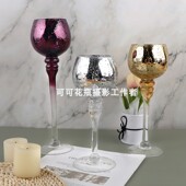 电镀碎金玻璃烛台人工吹制玻璃工艺品现货欧式 餐厅高脚烛台三件套