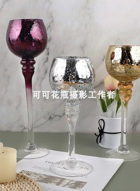 电镀碎金玻璃烛台人工吹制玻璃工艺品现货欧式餐厅高脚烛台三件套