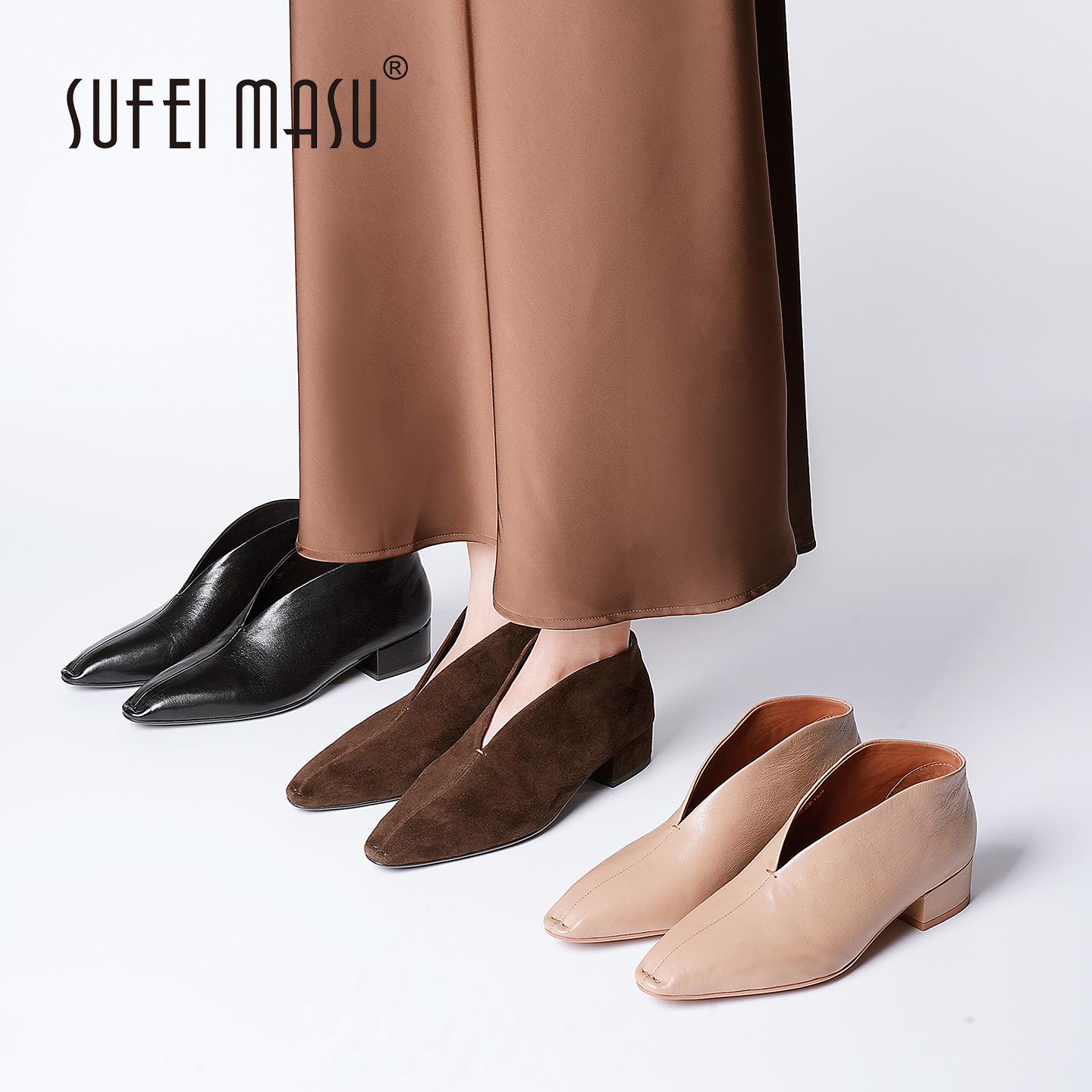 SUFEIMASU/苏菲玛素尖头V口真皮一脚蹬中跟舒适四季单鞋SF52-3815