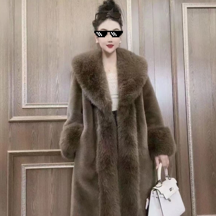 新款毛皮外套女欧绍绒皮毛一体大衣狐狸毛领欧绍绒中长款海宁皮草