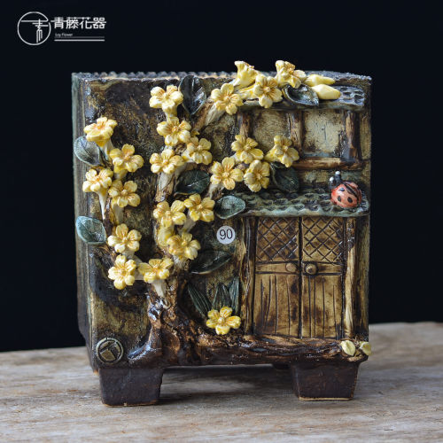 青藤花器复古大口径方盆群生法师
