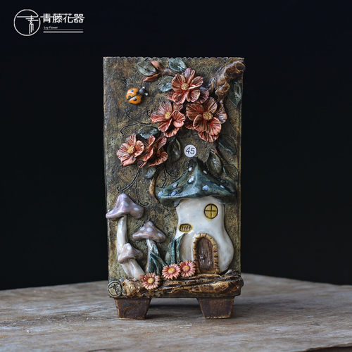 青藤花器手工粗陶悬崖老桩高方口