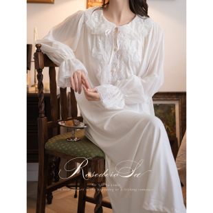 蕾丝白色莫代尔睡衣 复古纯棉睡裙女长袖 RoseDeRosee 织梦小姐