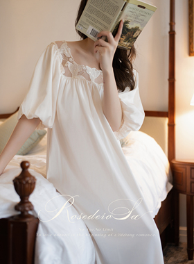 RoseDeRosee 晨雾小姐 甜美方领泡泡袖睡裙女夏季冰丝带胸垫睡衣
