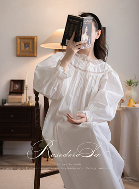 RoseDeRosee圣洁少女全棉娃娃领长袖睡裙女蕾丝复古可外穿家居服