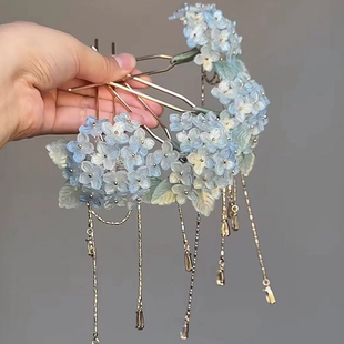 古风汉服绣球花发钗清新发饰侧边点缀头饰旗袍盘发流苏头饰配饰品