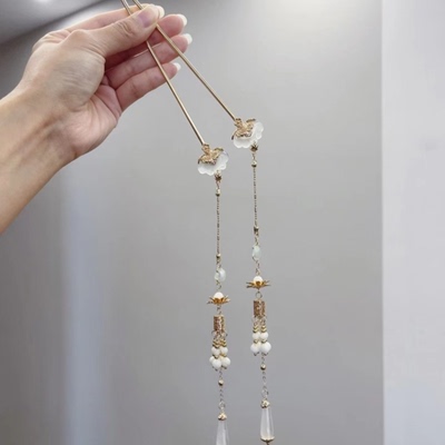 仿岫玉步摇发簪祥云长流苏旗袍