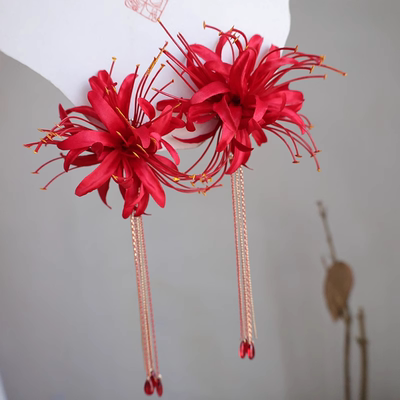 红色彼岸花超仙发夹仿真绢花发簪发饰古风汉服头饰写真花朵配饰