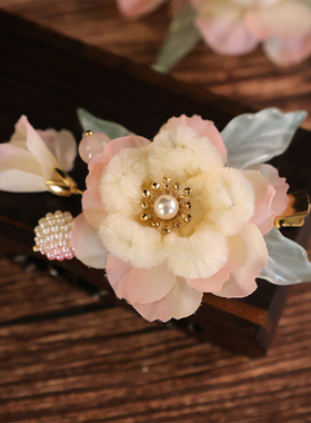 古风仿绒花发夹超仙花朵发饰汉服绢花毛绒头饰侧边点缀对夹配饰品