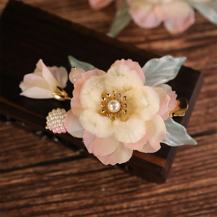 古风仿绒花发夹超仙花朵发饰汉服绢花毛绒头饰侧边点缀对夹配饰品