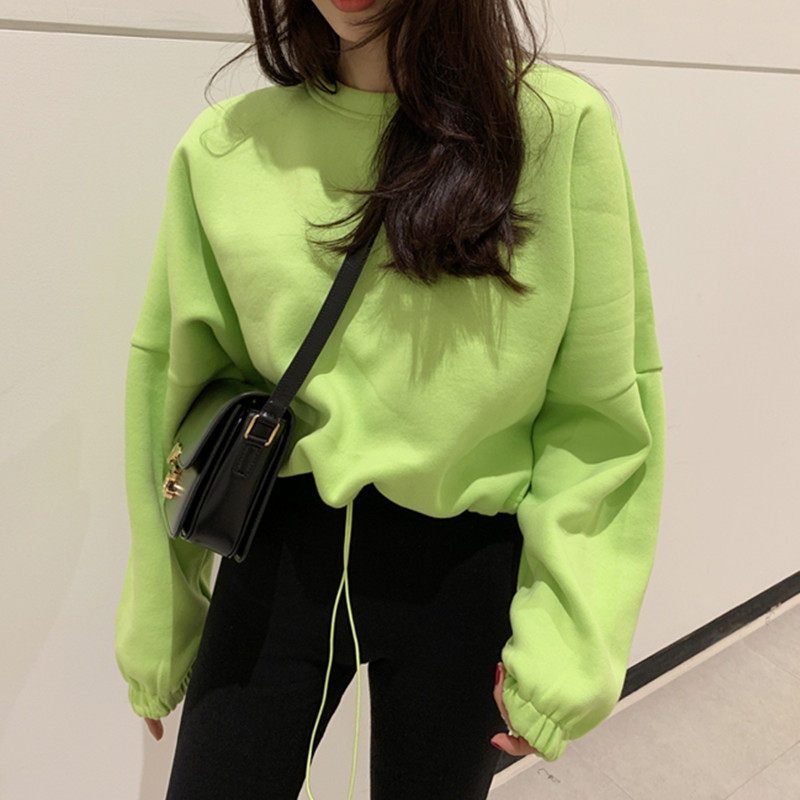 2025春秋新款抽绳收腰无帽简约百搭休闲运动短款卫衣女韩版休闲