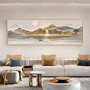 旭日东升客厅装饰画现代轻奢沙发背景墙挂画新款大气山水横版壁画
