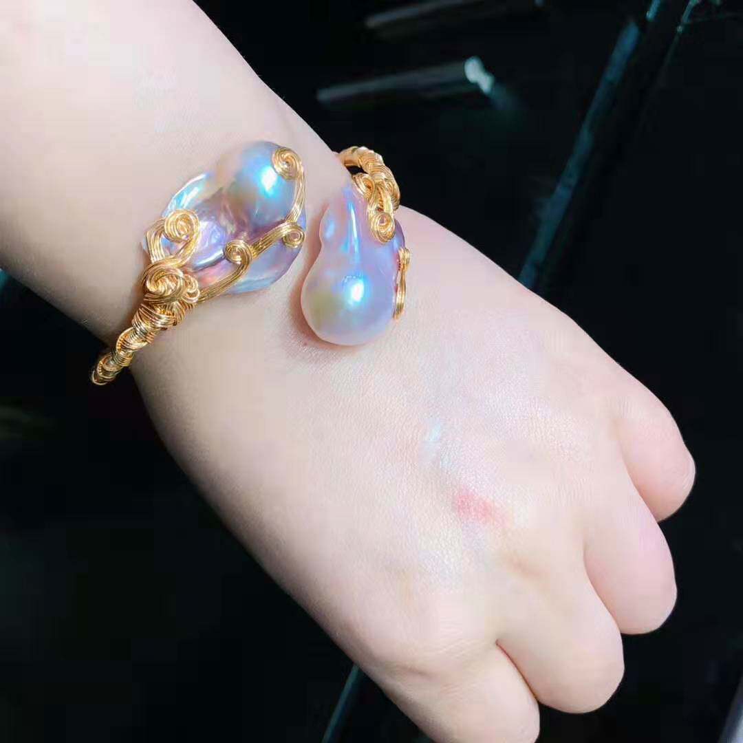 新款绕丝天然淡水手圈珍珠异形