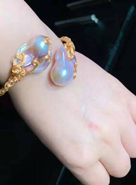 原创新款超巴洛克14k注金绕丝天然淡水异形珍珠手镯手链手圈开口