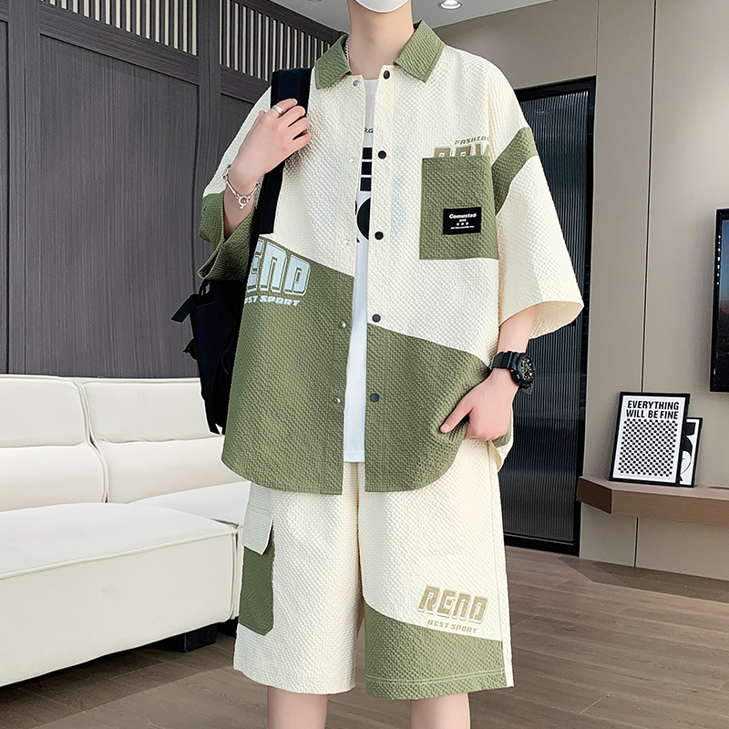 欧洲站夏季衬衫短袖短裤休闲套装男高级感青少年潮牌穿搭一整套酷