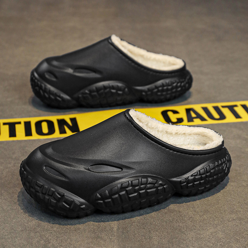 DENSUNCOO棉拖鞋冬男加绒室内保暖拖鞋棉鞋防滑外穿防水包跟家居