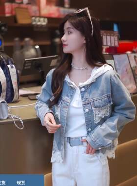 2025早春新款韩版时尚蕾丝拼接牛仔短外套女宽松长袖休闲显瘦上衣