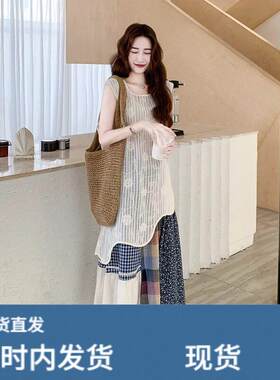 不规则罩衫连衣裙女装2025夏季穿搭文艺复古气质拼接半身裙两件套
