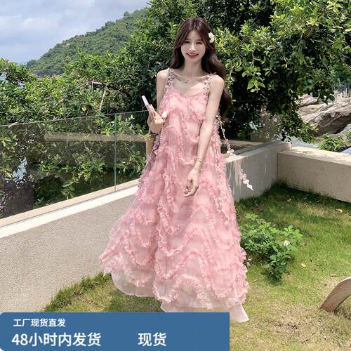 初夏独特漂亮小裙子大方得体绝美裙度假海边吊带蛋糕连衣裙长裙女