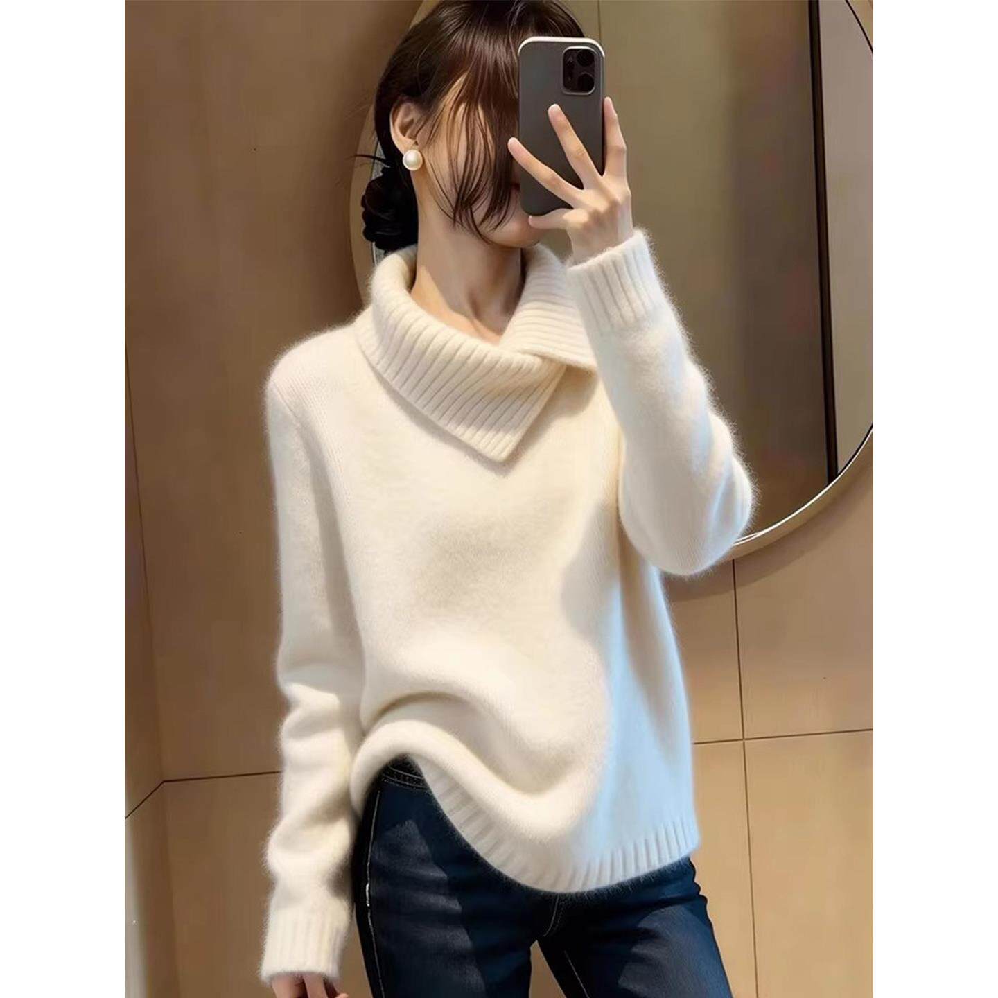 温柔慵懒风白色高领毛衣女2026春秋韩版高级感套头针织衫宽松上衣