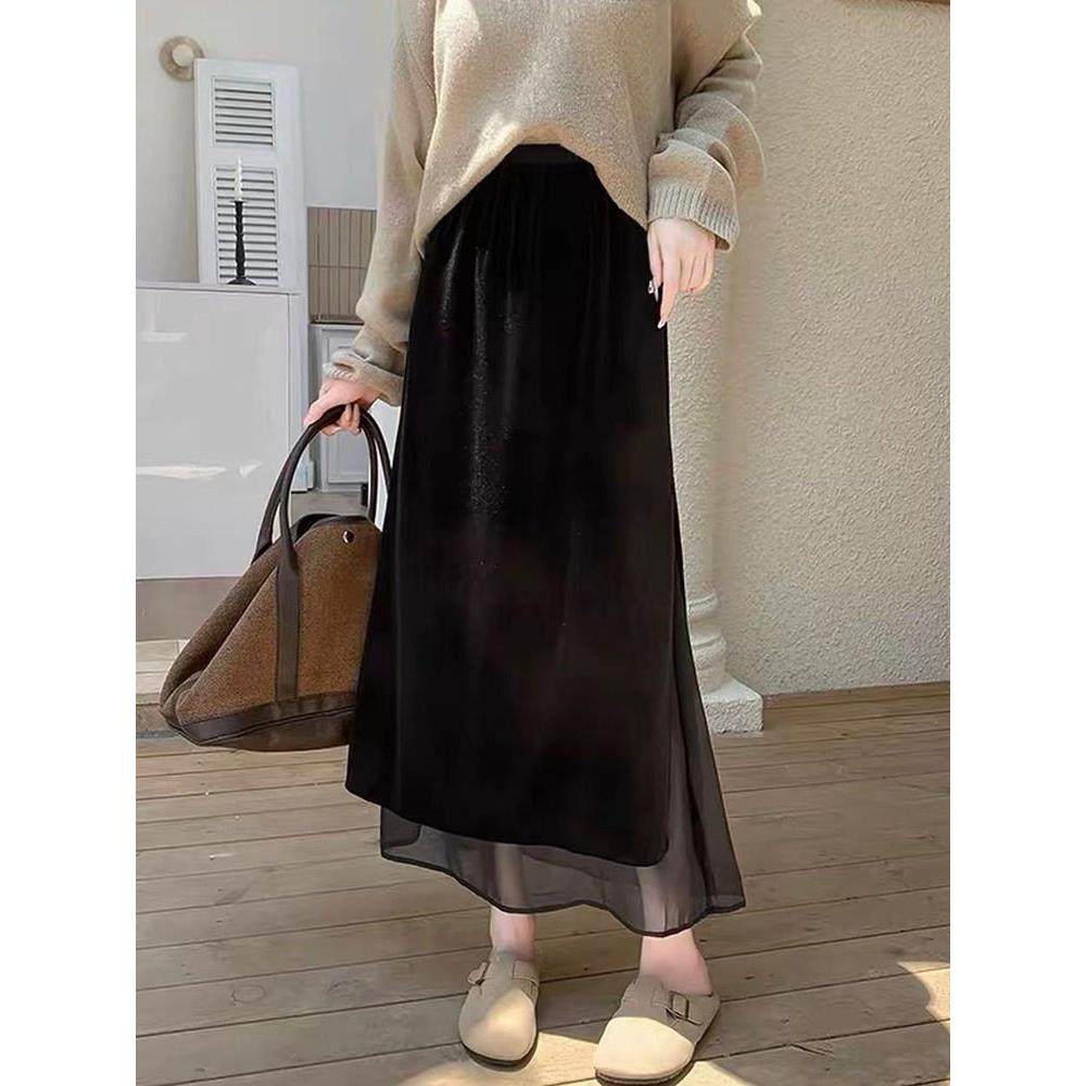 2025秋冬季拼接网纱丝绒半身裙松紧腰中长款高腰百搭A字开叉半裙,运动/瑜伽/健身/球迷用品,瑜伽短裙,淘宝优惠券,粉丝福利购,淘宝优惠卷