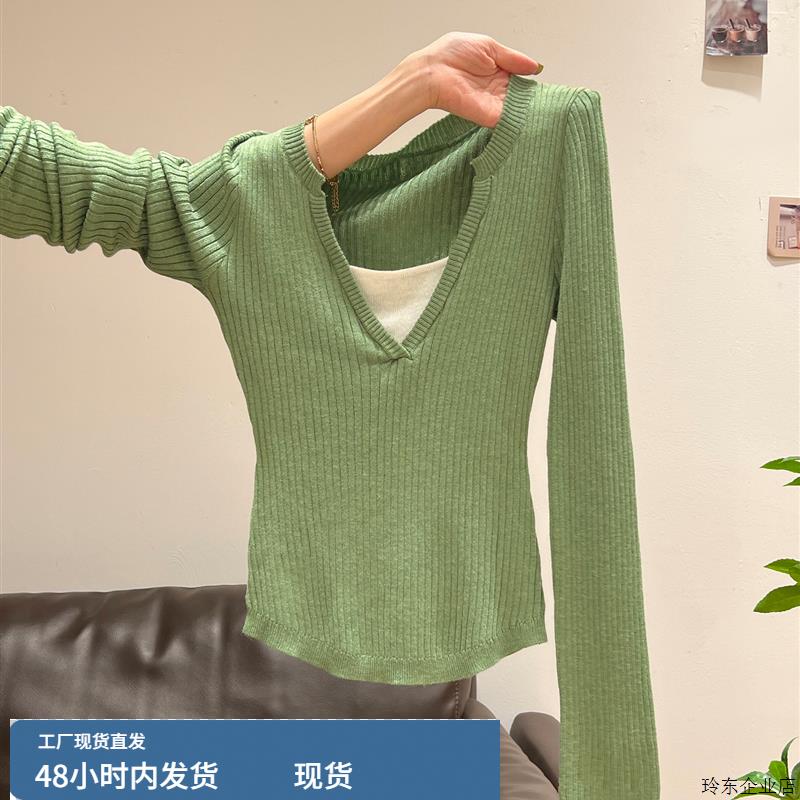 温柔风假两件V领打底衫长袖针织衫女2025秋季拼接撞色设计感上衣