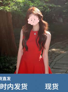 红色连衣裙女夏季法式气质绝美礼服裙收腰显瘦无袖背心红裙子短裙