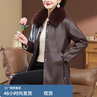 中老年陂衣女时尚四十岁妈妈外套女秋冬50妇女PU陂大衣中长版加戎