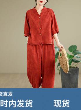 中老年妈妈棉麻亚麻短袖套装女夏季新款高端减龄一整套上衣两件套