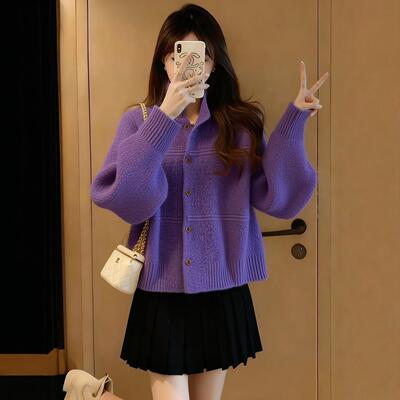 超好看的冬装紫色针织连衣裙女2025新款冬季清冷富家千金穿搭套装