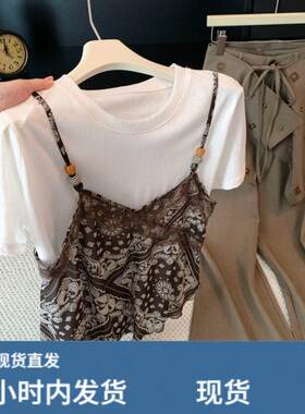 自留款推荐~民族风假两件蕾丝拼接短袖T恤女夏季独特别致漂亮上衣