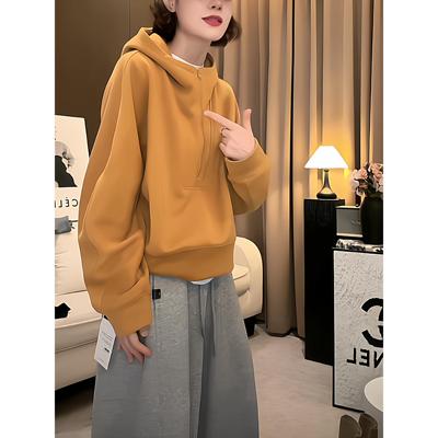 加厚双面德绒连帽半拉炼长袖卫衣女士2025秋冬新款时尚洋气上衣潮
