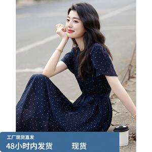 时尚波点印花连衣裙夏季新款优雅风收腰显瘦压褶荷叶袖绑带中长裙
