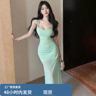 性感低胸气质长款夜场店简约网沙吊带收腰包臀打底连衣裙