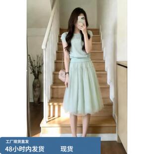 韩系小清新绿色波点花苞连衣裙子女夏季2026新款漂亮穿搭一整套装