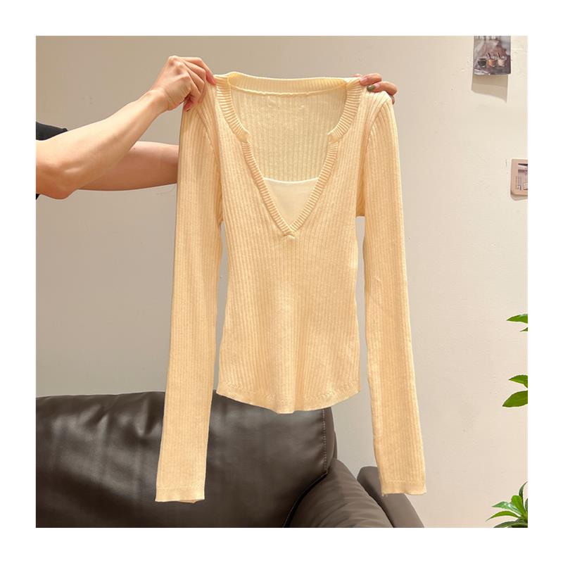 温柔风假两件V领打底衫长袖针织衫女2025秋季拼接撞色设计感上衣
