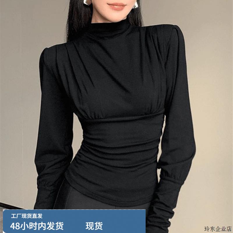 法式半高领灯笼袖收腰褶皱上衣女黑色修身显瘦气质打底衫2025早秋