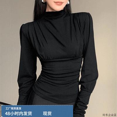 法式半高领灯笼袖收腰褶皱上衣女黑色修身显瘦气质打底衫2025早秋