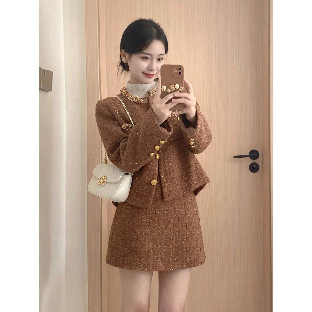 焦糖色小香风套装女秋冬季法式短款毛呢外套高腰包臀半身裙两件套,运动/瑜伽/健身/球迷用品,广场舞套装,淘宝优惠券,粉丝福利购,淘宝优惠卷