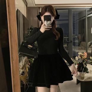 法式名媛黑色连衣裙2025新款秋冬大码胖mm显瘦a字蓬蓬裙短款裙子