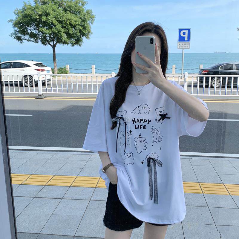 大码女装趣味小狗印花短袖T恤女夏胖mm宽松大板中长款遮屁股上衣
