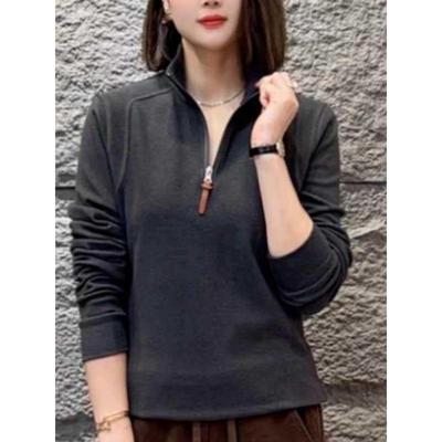 欧货2024年新款百搭加厚半拉炼双面德绒T恤女秋冬洋气立领卫衣女