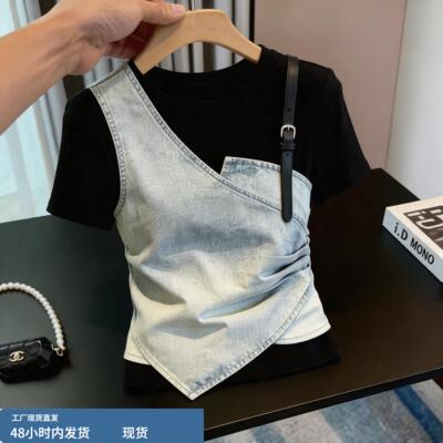 2026新款夏季假两件牛仔背心女装休闲风修身套头上衣时尚内搭短袖