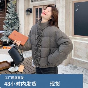 韩系chic灰色羽绒服女冬超火好看高级小众短款漂亮加厚面包服外套