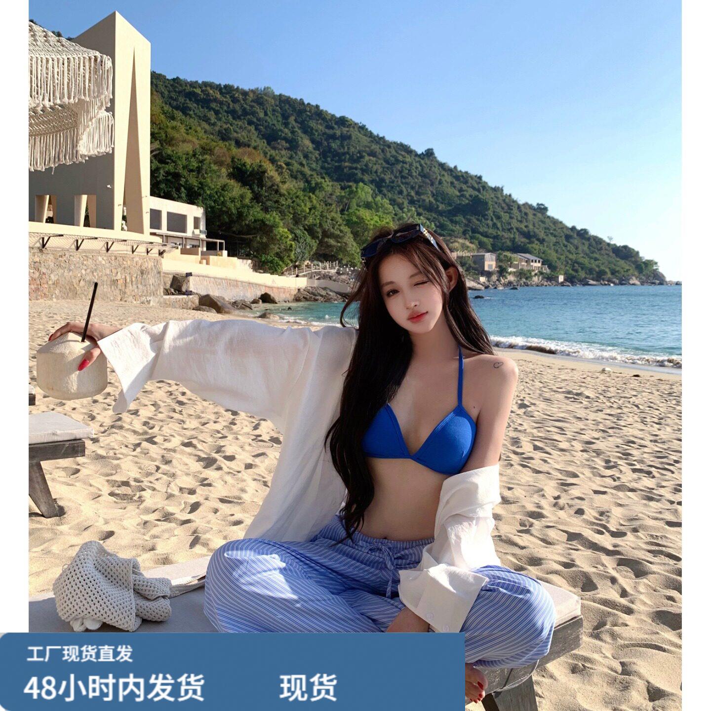 泰兰德海滩度假旅游拍照蓝色比基尼白色防晒衬衫女休闲阔腿裤套装